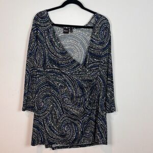 Rafaella Women's Faux Wrap Stretch Blue Abstract Textured‎ Top Size 3X Workwear